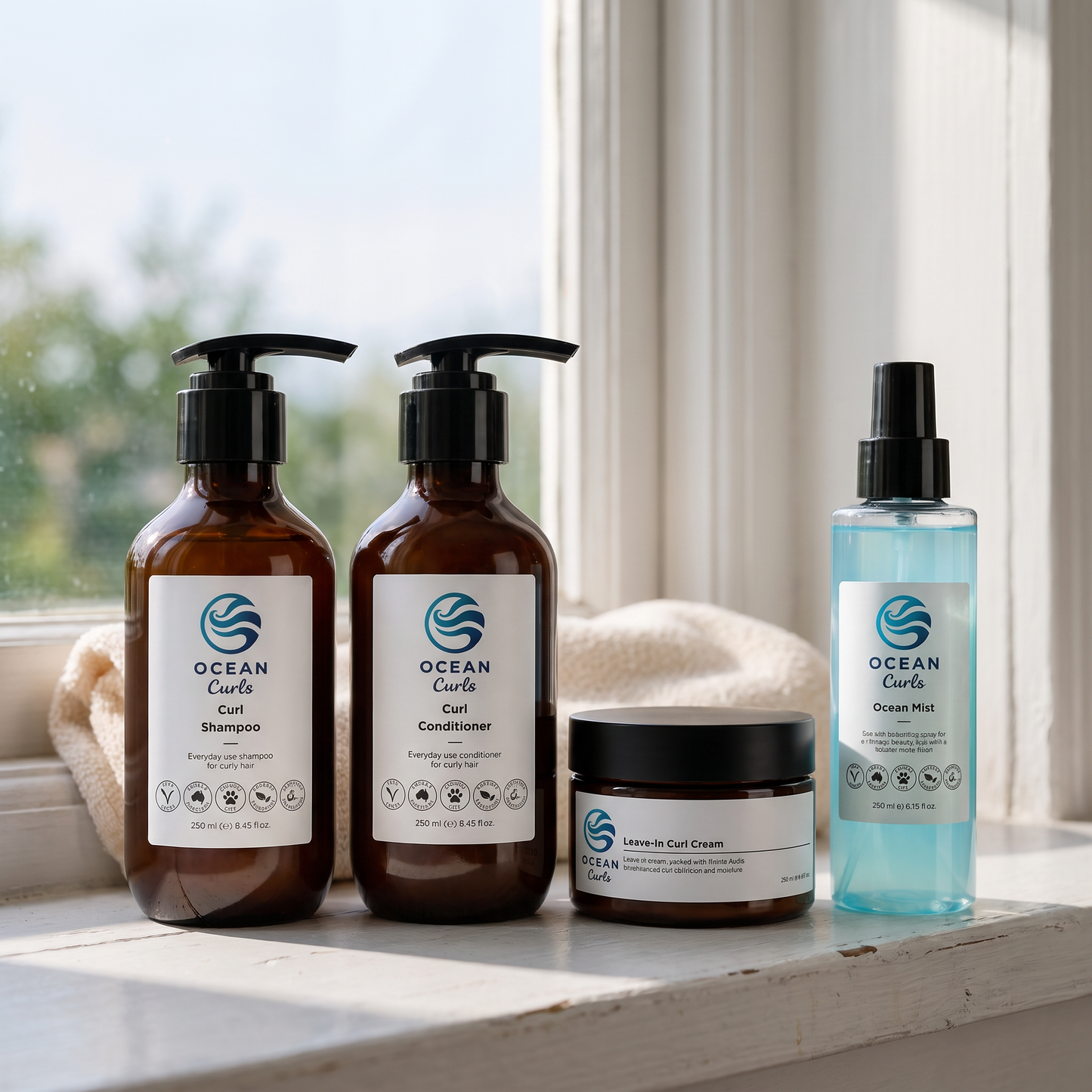 Ocean Curls Full Routine Kit on a sunlit bathroom windowsill: two amber pump bottles of shampoo and conditioner, a black jar of leave-in curl cream, and a pale blue bottle of Ocean Mist sea salt spray