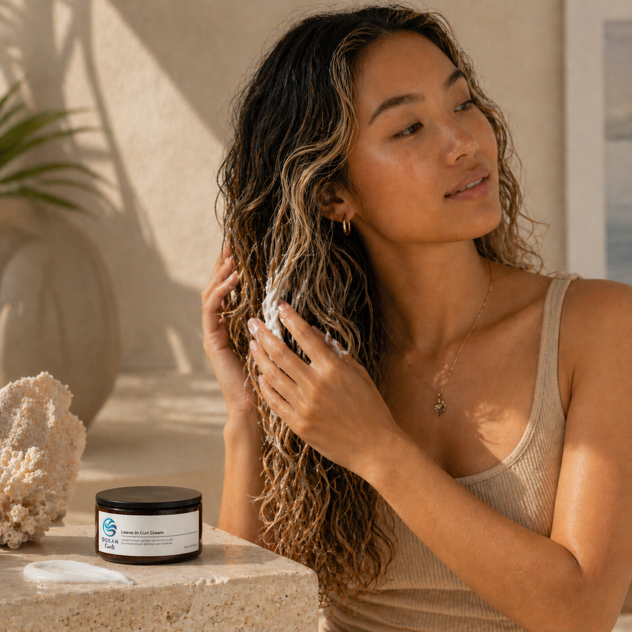 Woman with long dark curls touching her hair, a jar of Ocean Curls leave-in curl cream on the table in front of her